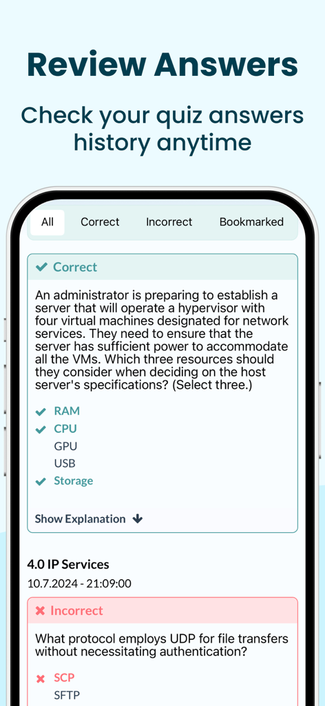CCNA Practice Tests 2026 - Tela do aplicativo móvel mostrando o recurso Revisar Respostas com questões práticas do CCNA corretas e incorretas