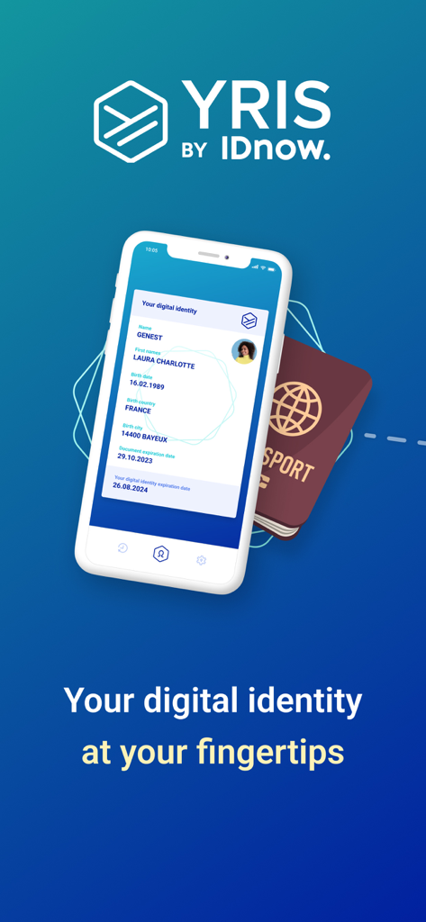 Yris - Aplicación móvil Yris mostrando una tarjeta de identidad digital en la pantalla de un smartphone junto a un icono de pasaporte