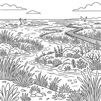Dive into the serene beauty of a salt marsh with this delightful coloring page designed especially for kids aged 4-8. Young artists will love bringing this vibrant ecosystem to life with their favorite colors.
