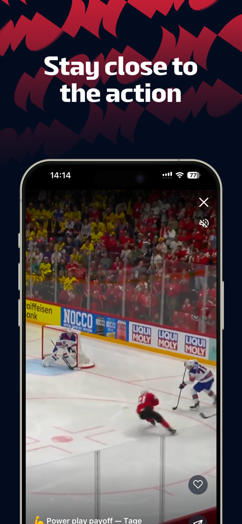 La aplicación IIHF 2026 mostrando un resumen de un partido de hockey sobre hielo en vivo en un teléfono móvil