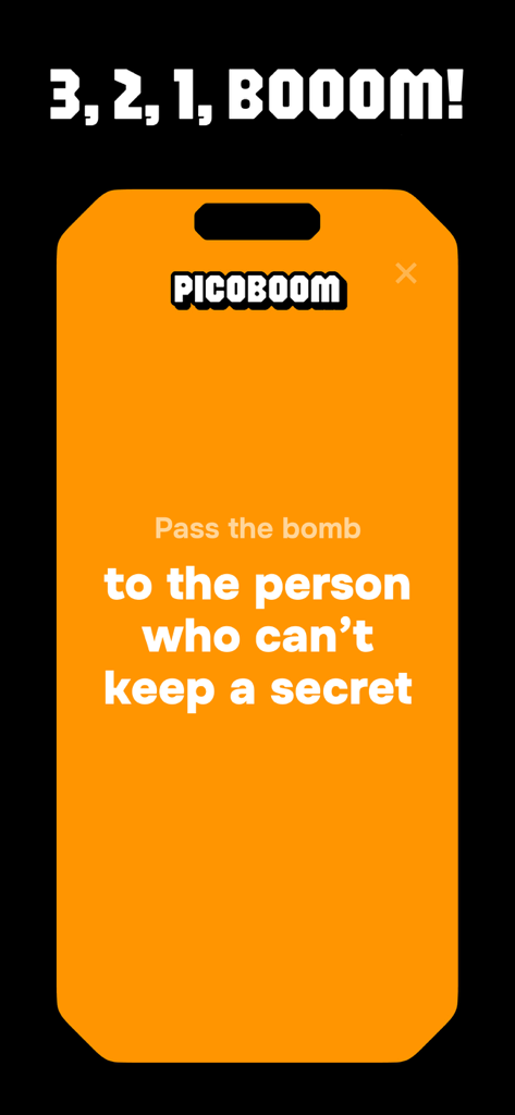 Picoboom group party game screen with a pass the bomb challenge