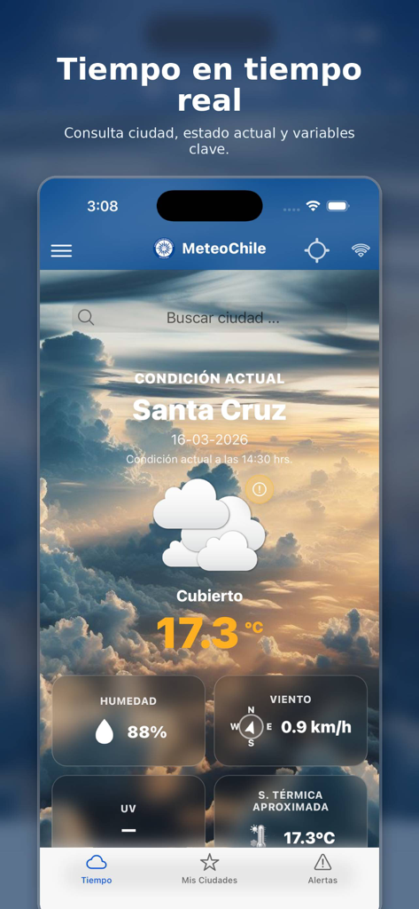 MeteoChile - 산타 크루즈의 현재 기온 및 습도 등 실시간 날씨 조건을 보여주는 MeteoChile 앱 인터페이스