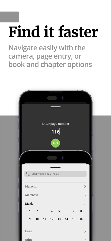 Interface of the Filament Bible app showing page entry and book selection options