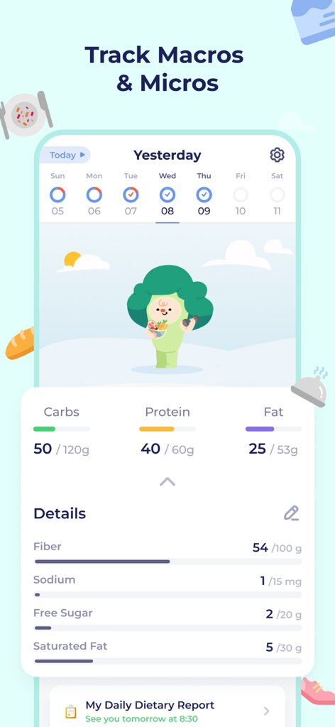 DietBuddy - AI Food Tracker - DietBuddy app interface displaying macronutrient and micronutrient tracking progress with an adorable broccoli mascot character