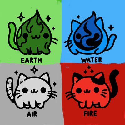 4 cats that represent the different elements, earth, water, air, and fire