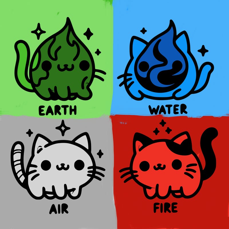 4 cats that represent the different elements, earth, water, air, and fire