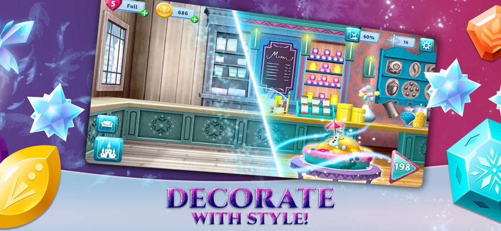 A screenshot of Disney Frozen Adventures showing a shop being renovated with the text Decorate with Style
