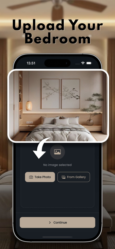 Bedroom AI Decor : Room design - A mobile app interface for Bedroom AI Decor showing options to upload a photo or take a picture of a room for AI design.