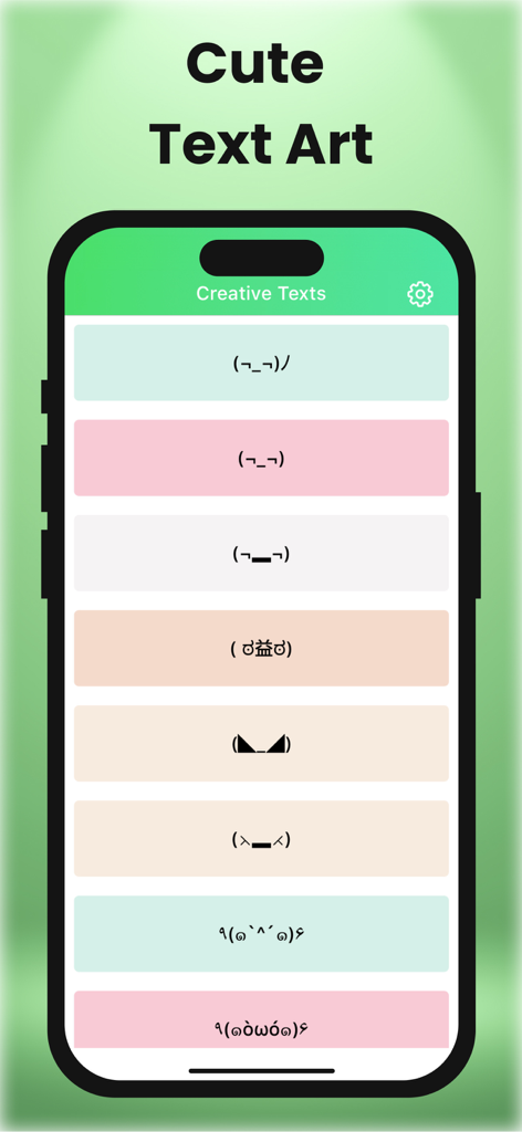 Text Fonts, Emojis & Symbols - モバイルアプリの画面に、クリエイティブな顔文字とかわいいテキストアートの絵文字のリストが表示されている。