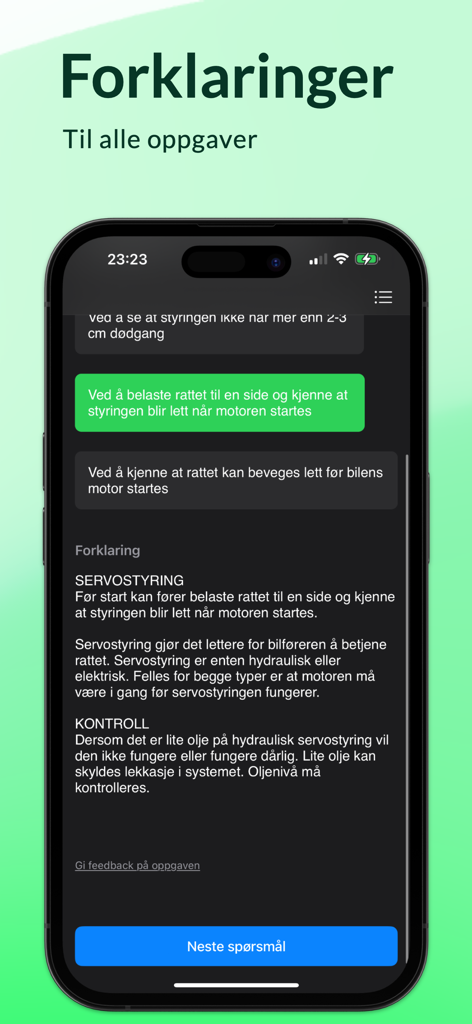 Screenshot of the Teoriappen app showing detailed explanations for driving theory test questions