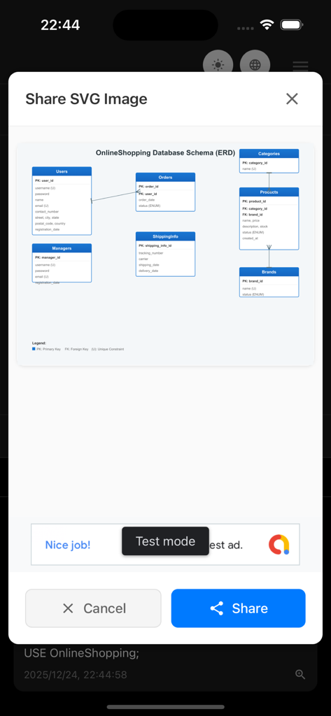 GG AI Diagram - Sharing an AI generated entity relationship diagram for an online shopping database schema in SVG format.