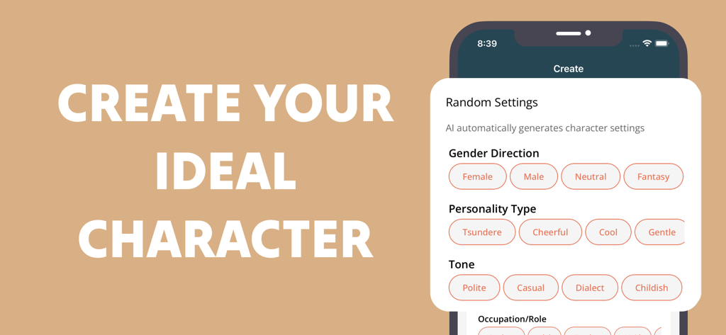ANIME Character AI Chat｜AITOMO - Interface of AITOMO app for creating an ideal AI anime character with personality and tone settings