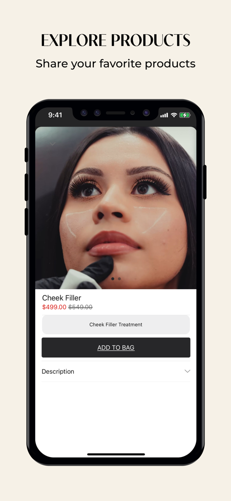 NakedMD - NakedMD mobile app screen displaying a cheek filler treatment product with pricing and an add to bag button