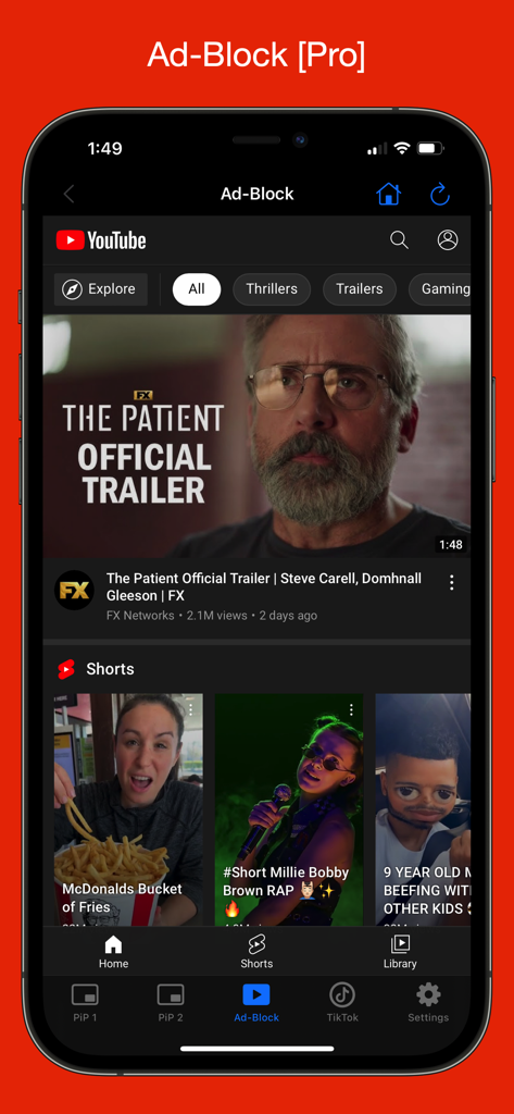 iPhone 화면에서 YouTube 광고 차단기 프로 기능을 보여주는 YubePiP 앱