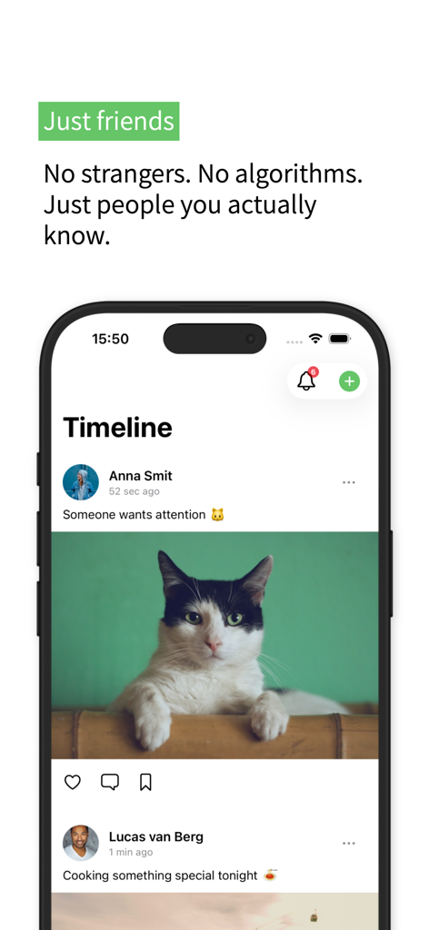 Interface de linha do tempo cronológica do aplicativo Ciao exibindo uma foto de uma amiga com um gato.