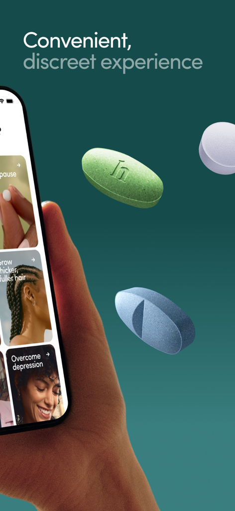 Hers: Women’s Healthcare - A hand holding a phone showing the Hers app interface with the text Convenient discreet experience and colorful floating pills