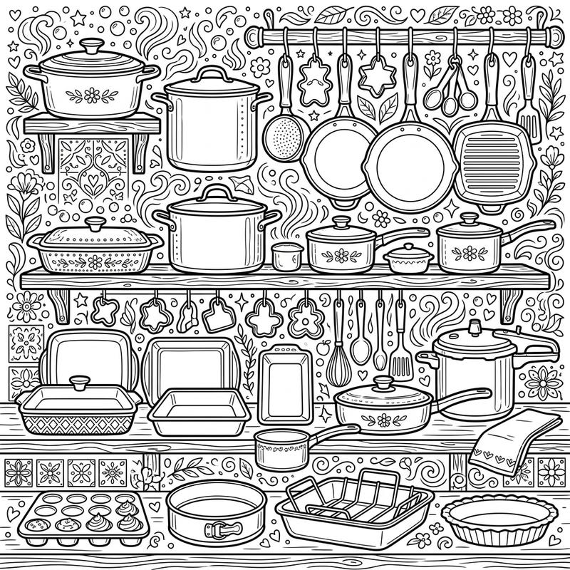 Dive into the detailed world of kitchen essentials with this comprehensive coloring page featuring an abundance of cookware and bakeware sets. Discover intricate designs on pots, pans, and baking dishes, promising hours of creative relaxation for aspiring chefs and coloring enthusiasts alike.