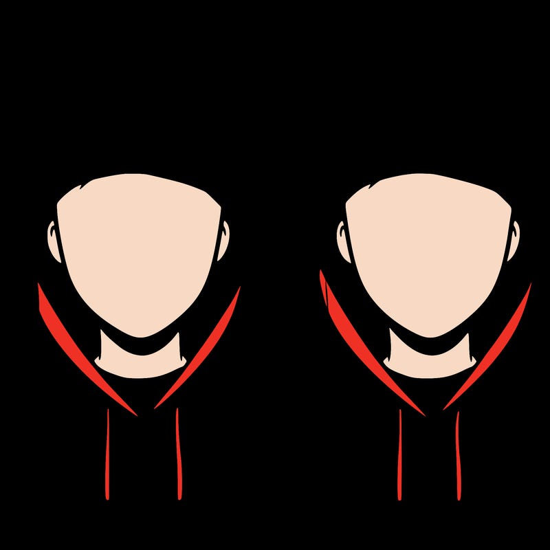 a person with a hoodie and no face, the drawing is split in 2