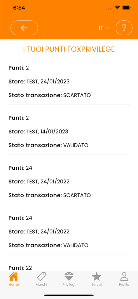FoxPrivilege - FoxPrivilege app interface displaying a list of shopping points earned and transaction validation statuses