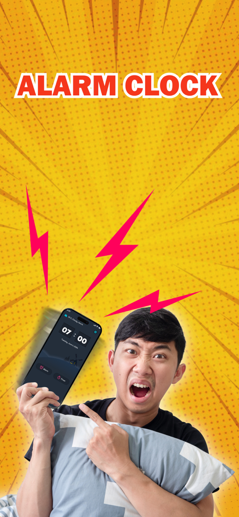 Alarm Clock - Wake up alarm - A man looking frustrated and shocked while holding a smartphone with the Alarm Clock app set to 7 AM on a yellow comic-style background.