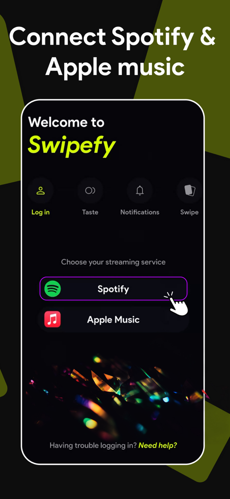 Swipefy app login screen showing options to connect with Spotify or Apple Music