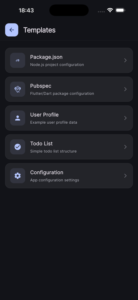 Screenshot of the JSON templates list in the JSON Tools mobile app showing options like Package json and Pubspec.