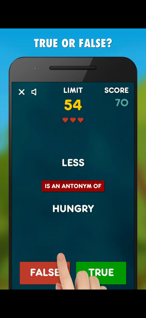 Antonyms Game - Screenshot of the Antonyms Game showing the True or False mode with a vocabulary question on a mobile device.