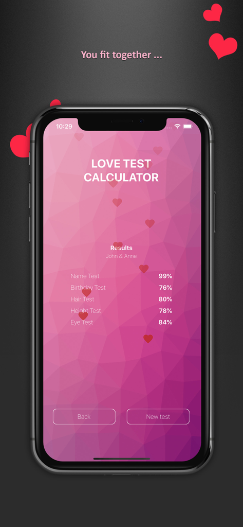 Love Calculator Prank - Pantalla de resultados de compatibilidad de la aplicación Broma de Calculadora de Amor que muestra puntuaciones altas de compatibilidad