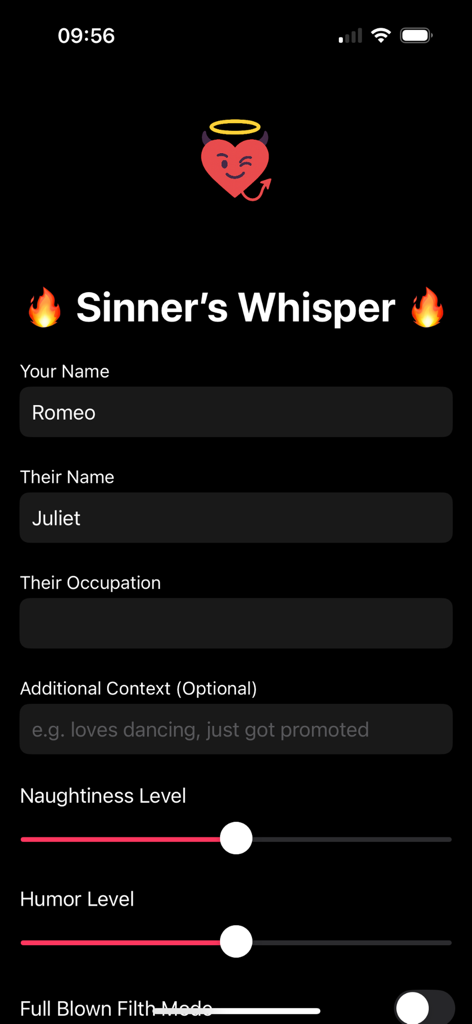 Sinners Whisper - Interfaccia dell'app Sinners Whisper con campi di input per nomi e cursori regolabili per malizia e livelli di umorismo.
