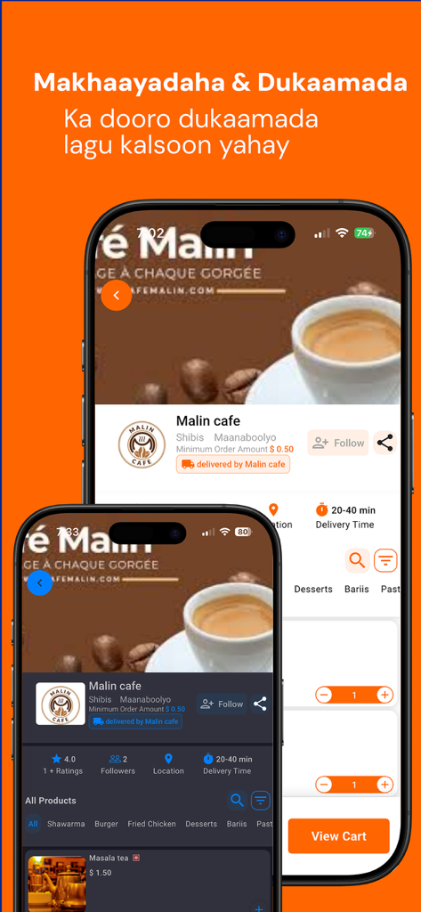 Caawiye.com app interface showing a restaurant profile for Malin Cafe with delivery time and menu options
