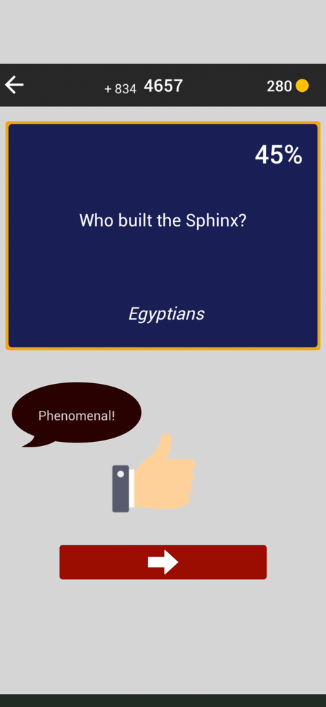 The 1% Club - A trivia question about the Sphinx with a correct answer feedback in The 1 percent Club mobile app