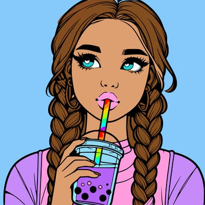 realistic girl with braided hair drinking boba