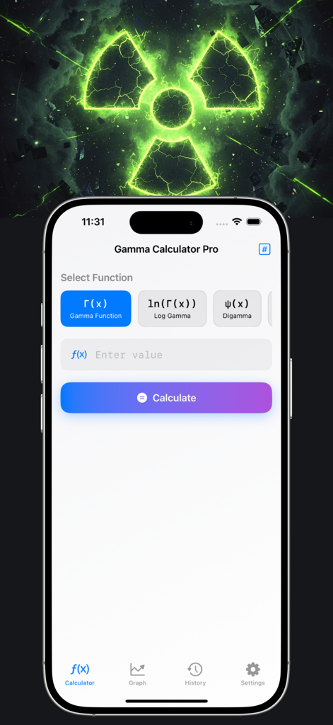 Gamma Calculator - Gamma Calculator Pro app interface on an iPhone showing mathematical function selection and a calculate button