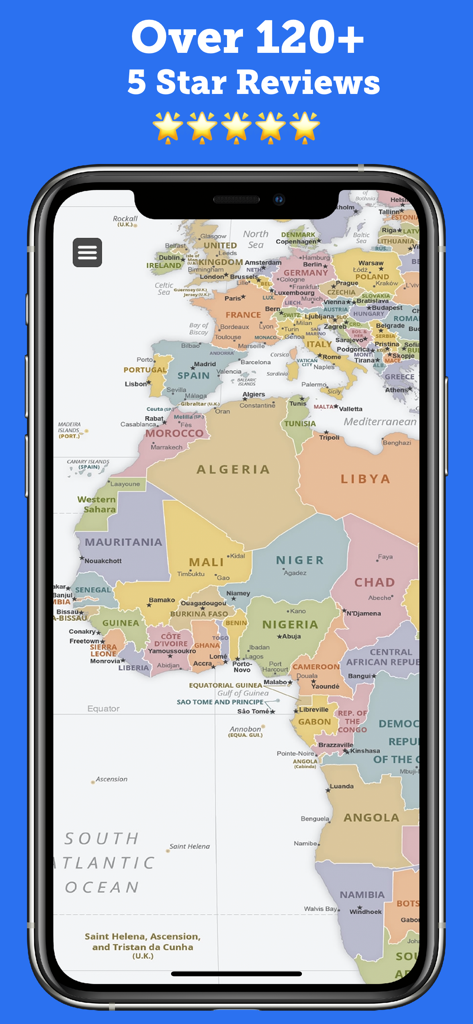 World Map Pro Edition - Pantalla de iPhone mostrando un mapa político detallado del mundo de Europa y África con 5 estrellas encima