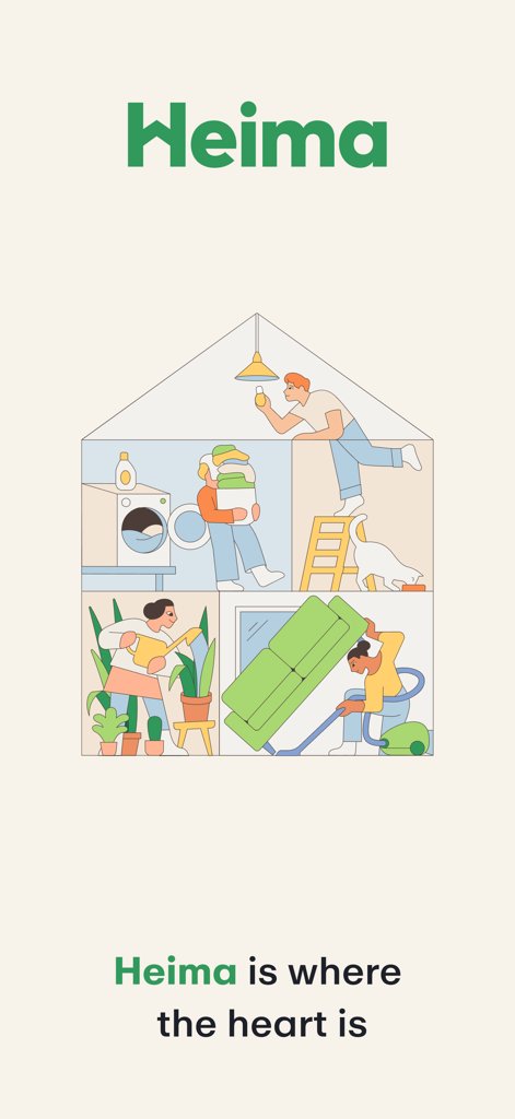 Heima - Chores Tracker - Splash screen of Heima chores tracker app featuring a house illustration with family members performing various household tasks