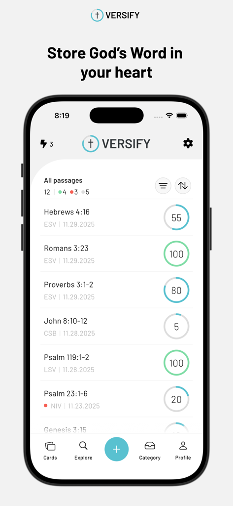 Versify App - A list of Bible verses in the Versify app showing memorization progress with circular status bars