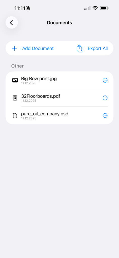 TOYZZ - Document management screen in the TOYZZ app showing a list of vehicle files and records.