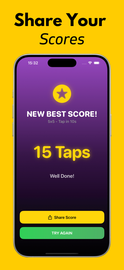 Reaction Time & Reflex: Reactz - Reactz app screen displaying a new best score of fifteen taps with options to share or try again.