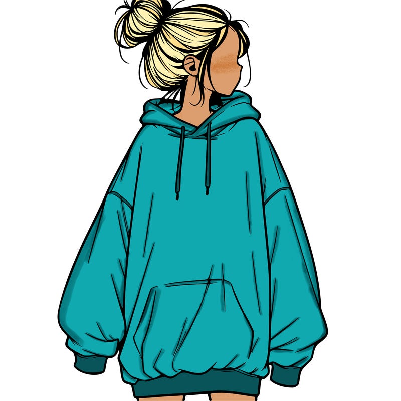 realistic girl with a oversized sweatshirt on and a bun