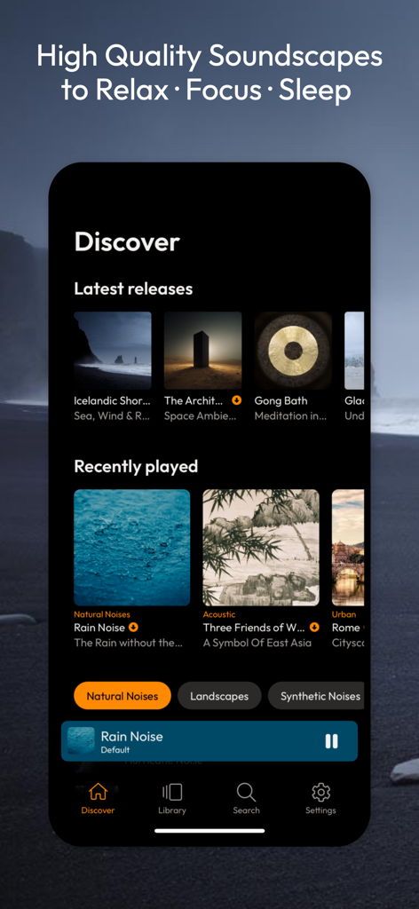Interfaz de la aplicación myNoise que muestra la pantalla Descubrir con categorías como ruidos naturales y paisajes sonoros para concentración y sueño