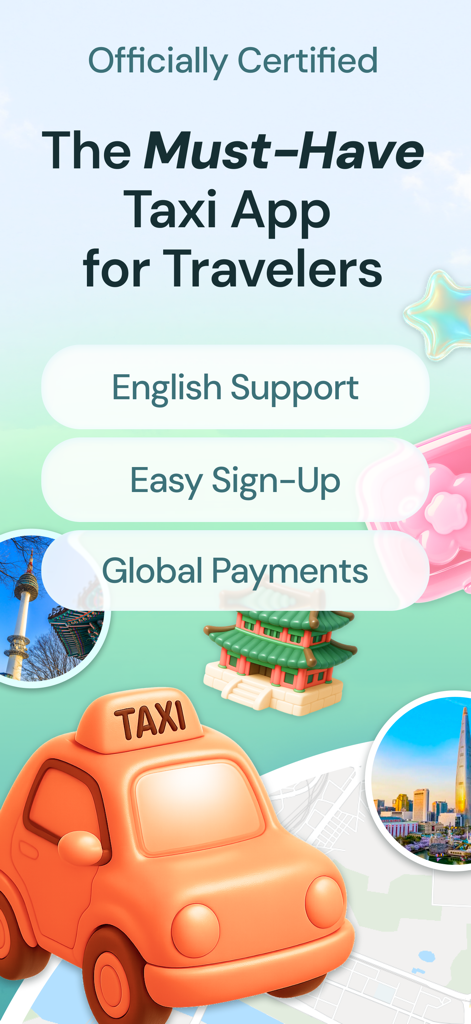 TABA - Get a taxi in Korea - 韓国の旅行者向けに、英語サポート、簡単なサインアップ、グローバル決済を表示するTABAタクシーアプリのプロモーション画面