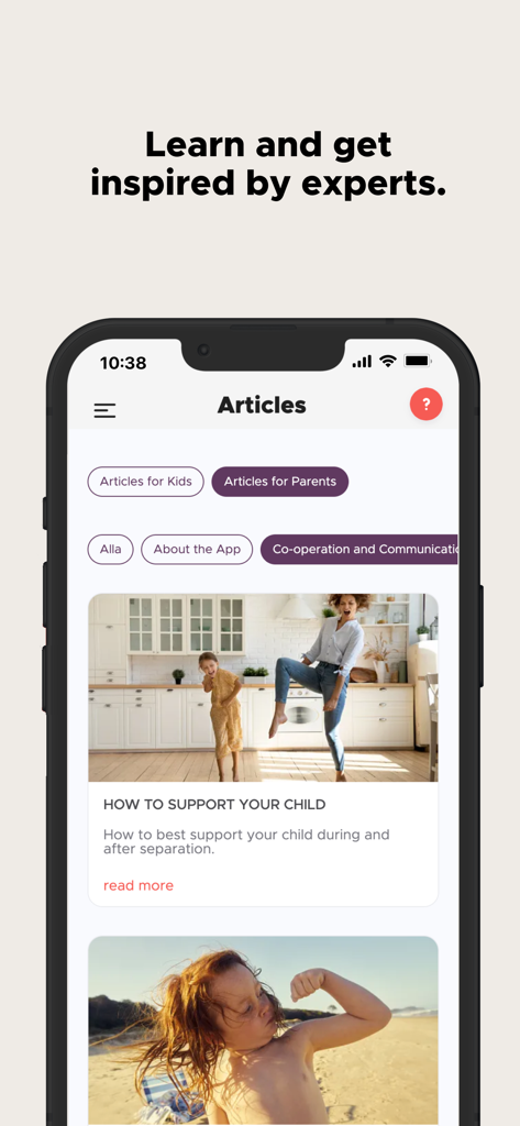 Co-parenting - Écran de l'application de coparentalité montrant une bibliothèque d'articles d'experts pour les parents et les enfants sur le soutien aux enfants après la séparation.