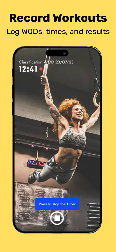 WOD App: Timer & AI Workout - A woman performing a gymnastic ring workout with a digital timer overlay from the WOD App
