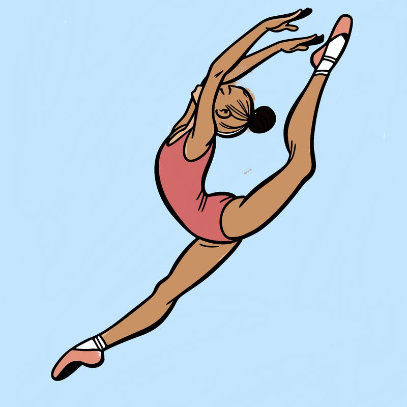 gymnast doing a leap in a leotard with a bent back leg