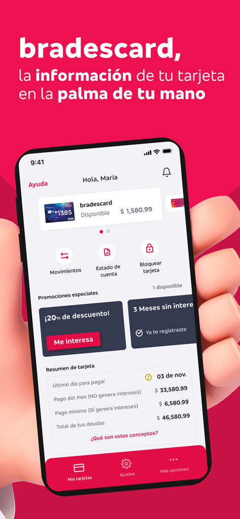 A hand holding a smartphone displaying the Bradescard app interface with credit card balance and financial summary in Spanish.