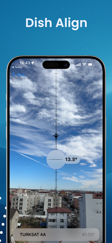 Satellite Finder Astra, Plato - Turksat 4A용 증강 현실 위성 접시 정렬 도구를 보여주는 스마트폰 화면
