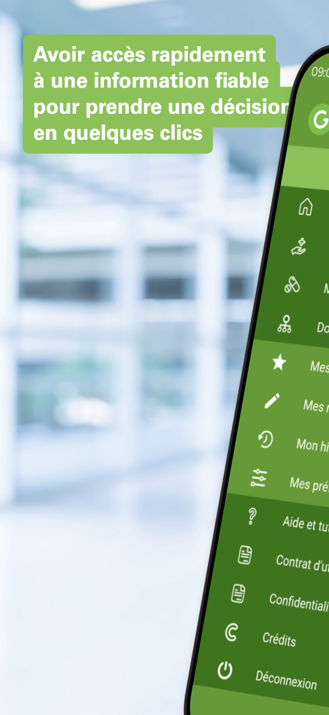Guide Prescrire - Interface of the Guide Prescrire mobile app showing a navigation menu for medical professionals