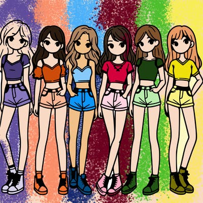 a group of girls wearing crop tops and shorts