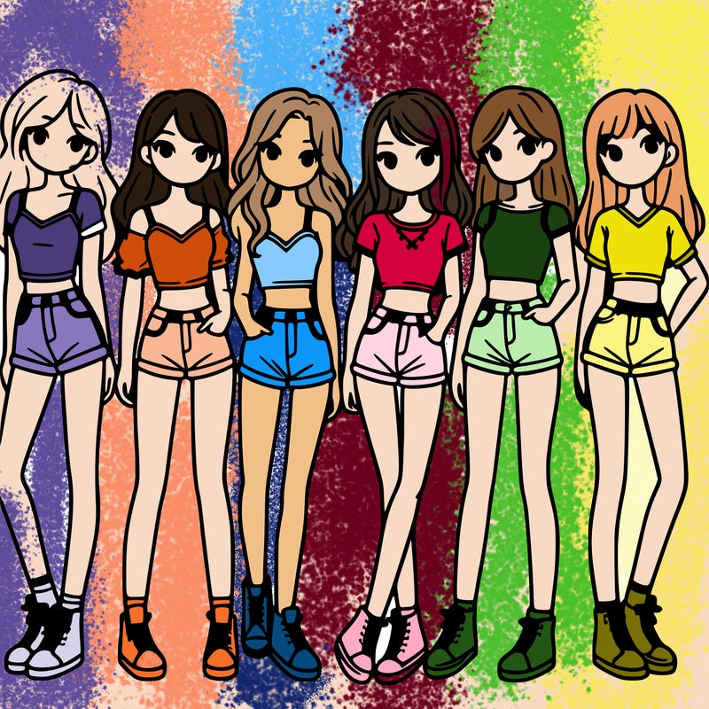 a group of girls wearing crop tops and shorts
