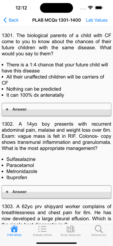 Mobile screen showing medical multiple choice questions for PLAB 1 exam preparation.